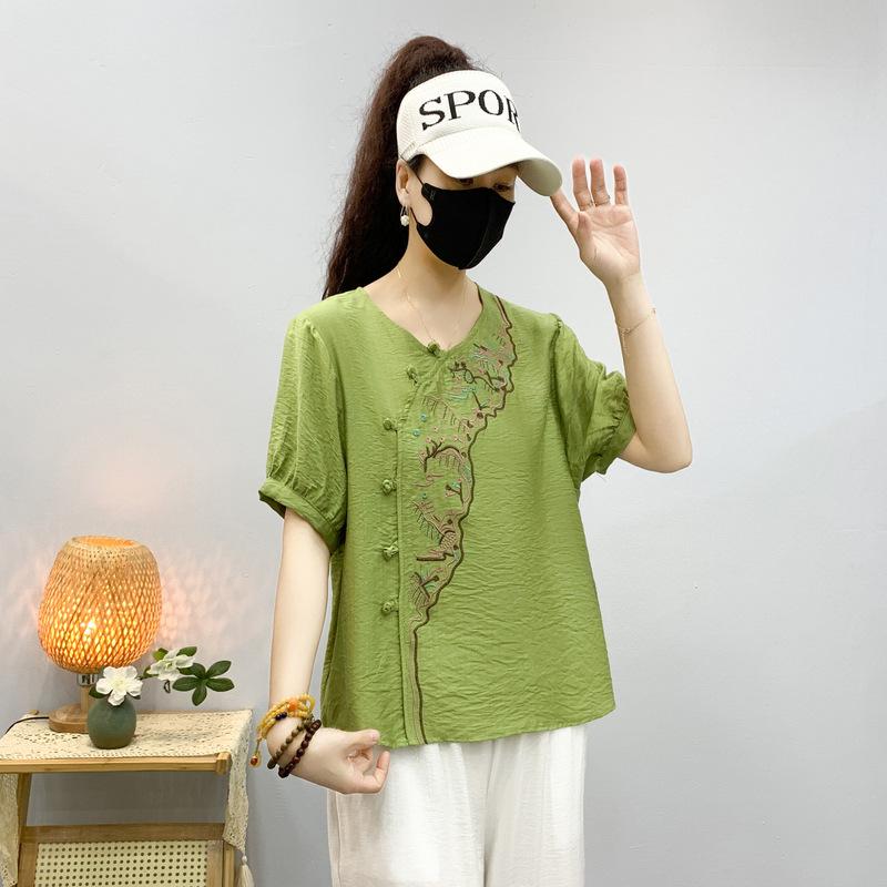 

Retro Ethnic Silk Linen Embroidered Blouse for Women XXL (125-145 jin)