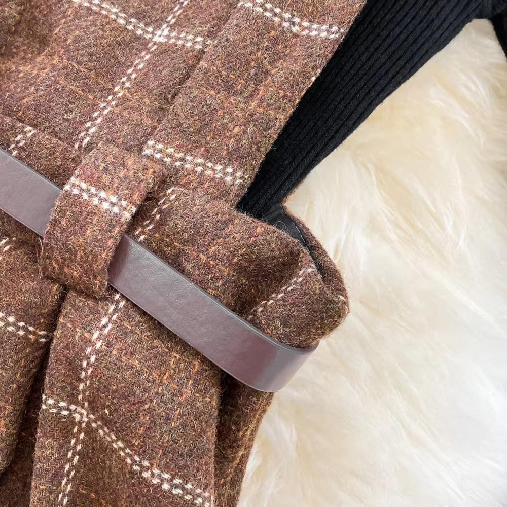 Rochie din două piese cu curea în carouri, toamnă iarnă, pentru femei, cu gâtul în picioare, tricotat, cu mâneci lungi, stil vintage, din lână, rochie dulce, în linie A