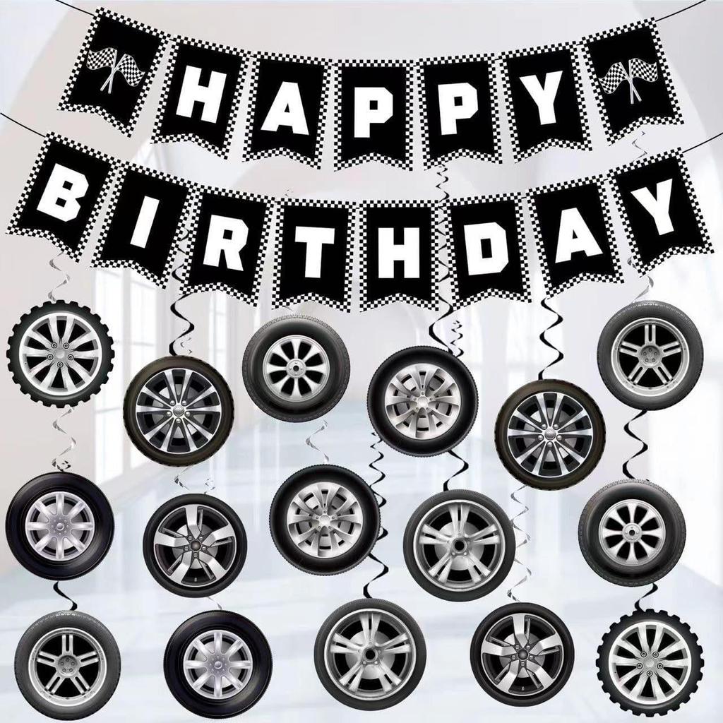 Racing-Themed Party Decorations: Sports Car Wheel Flags & Hanging Swirl Ornaments