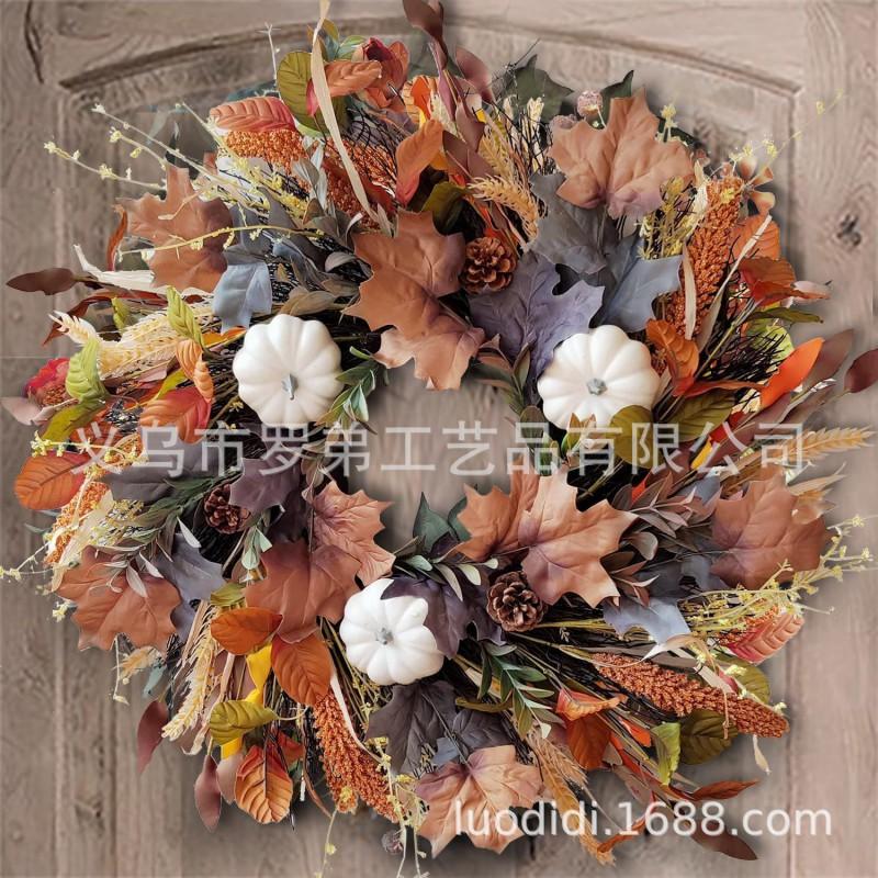 Harvest Wreath With Pumpkins Berries Vine Circle Halloween Thanksgiving Door Decor