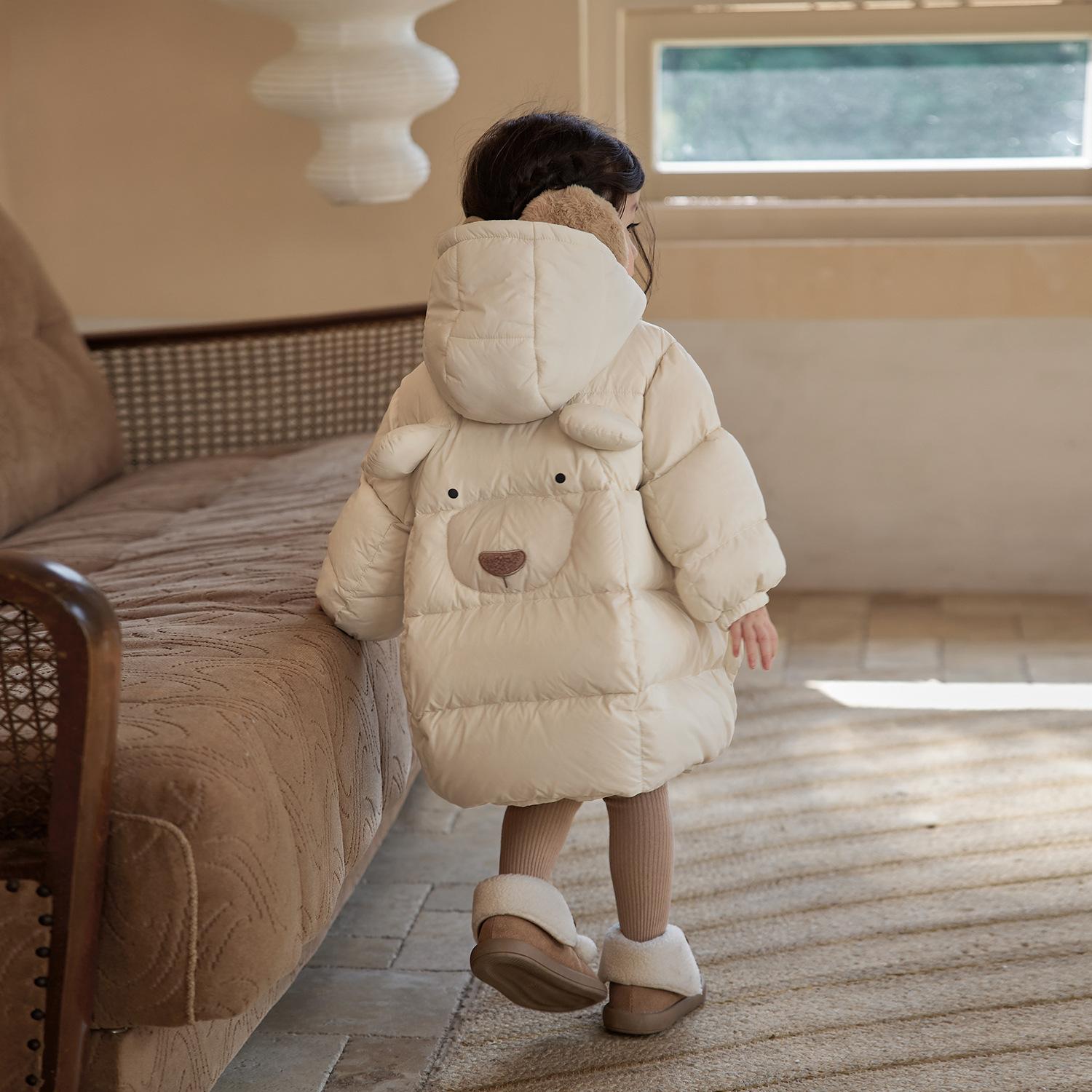 

Зимняя пуховая куртка для девочек, толстая и теплая, с милым мультяшным дизайном медвежонка. 150cm абрикосовый света