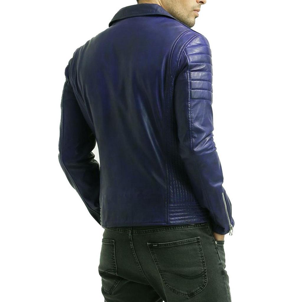 SkinOutfit Men's Genuine Lambskin Blue Leather Jacket Stylish Motorcycle Bomber Biker Outerwear MJ 233