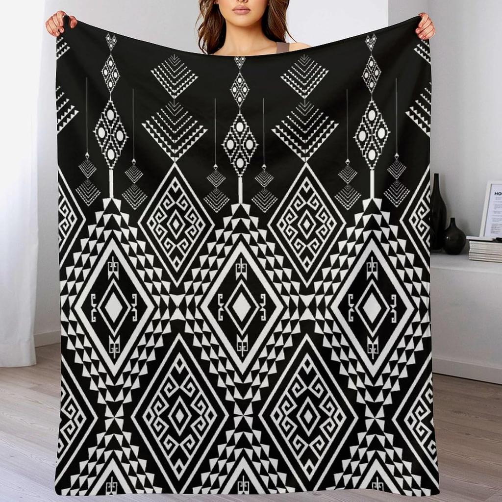 Black White Abstract Geometric Vintage Textured Boho Pattern Print Super Soft Flannel Throw Blanket for Bed Sofa