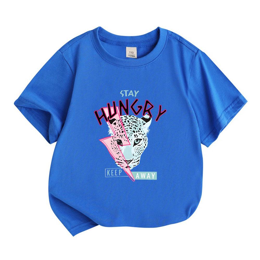 Kids Boys Girls 100% Cotton Short Sleeve Crew Neck T-Shirt, Stay Hungry Leopard Lightning Print Casual Soft Breathable Summer Tee for Children Daily W
