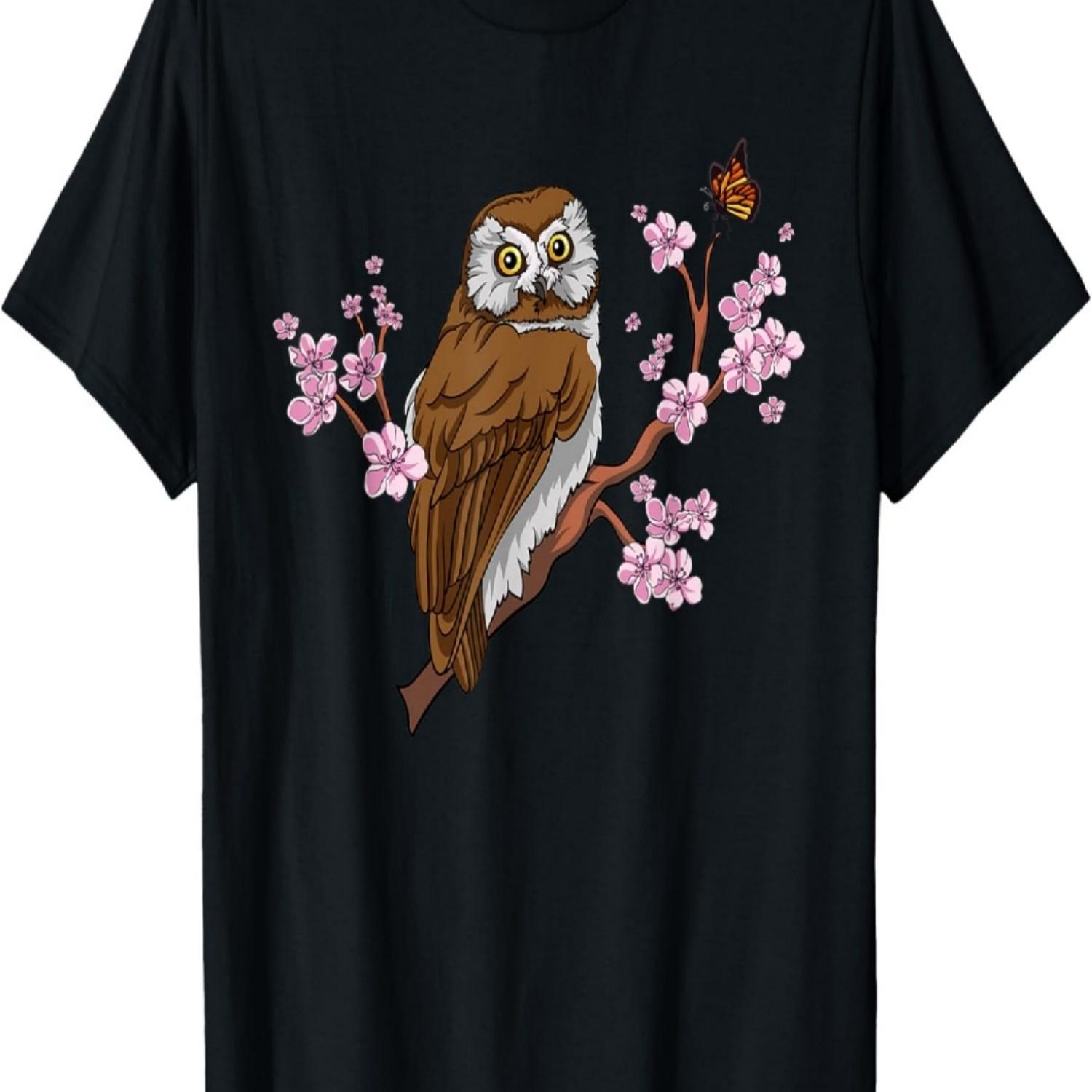 Owl With Butterfly  Sakura Cherry Blossom T-Shirt(1) S