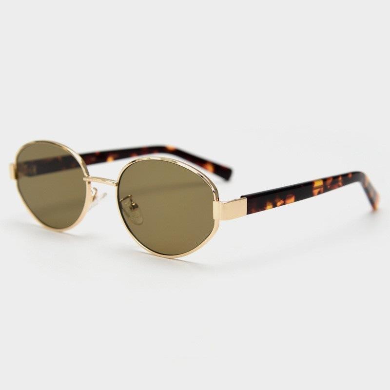 European and American retro-style, vintage-inspired metal oval sunglasses for women, offering sun protection and a sophisticated, Hong Kong-style