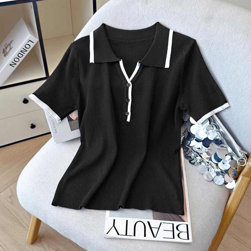 2026 Summer College Style Color Block Polo Knit Sweater - Slimming, Simple, and Chic One Size чёрный