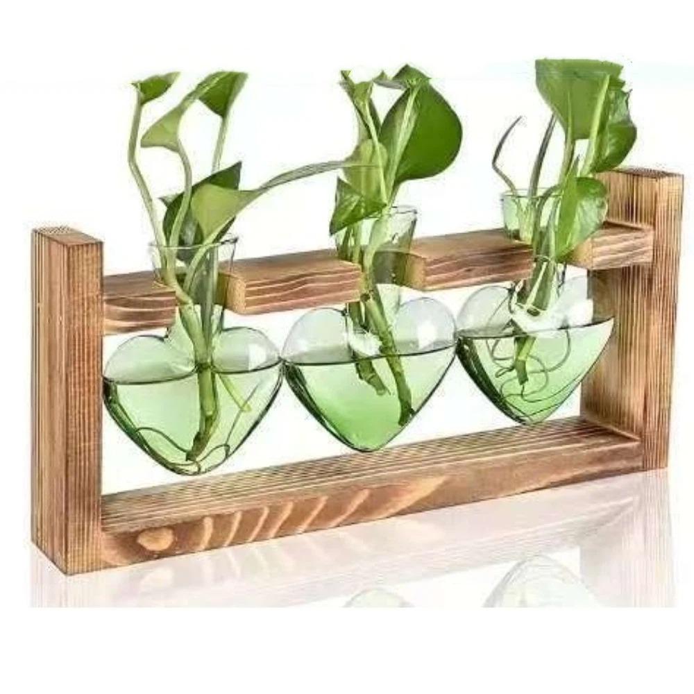 Minimalist Transparent Heart Shaped Glass Vase Wooden Stand Elegant Hydroponic Vase Colorful Flower Container Home Decoration
