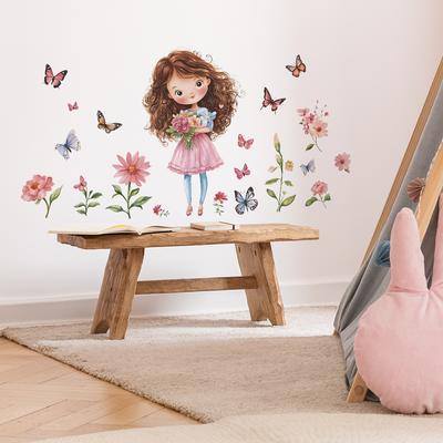 Desenho Animado Menininha Borboleta Flores Fundo Embelezamento Decoração Adesivos de Parede