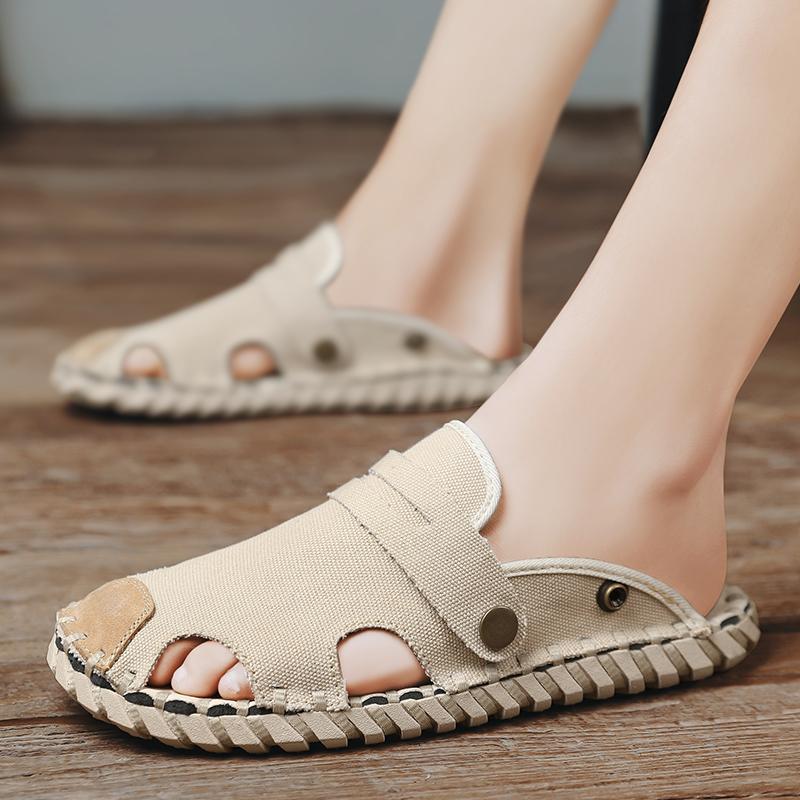 Summer New Handmade Casual Slip on Mens Shoes Outdoor Walking Comfortable Canvas Slippers Korean Trend Baotou Half Drag Slides