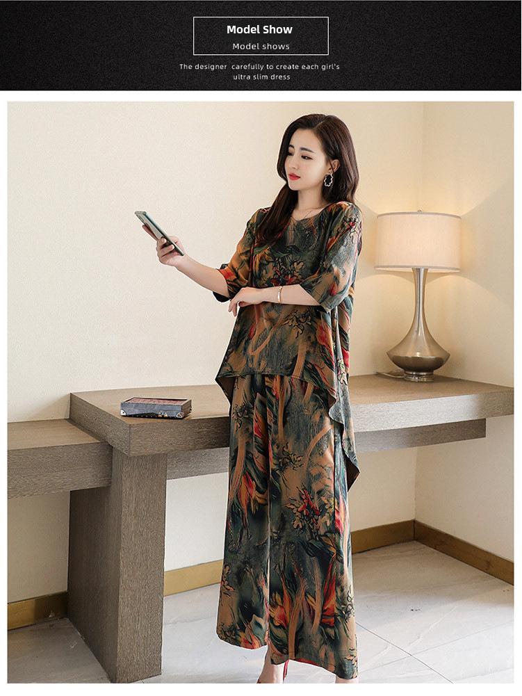 2024 Sommer Damen Retro Print Zweiteiliger Anzug: Modische Bluse mit lockerer Passform und Hose mit weitem Bein