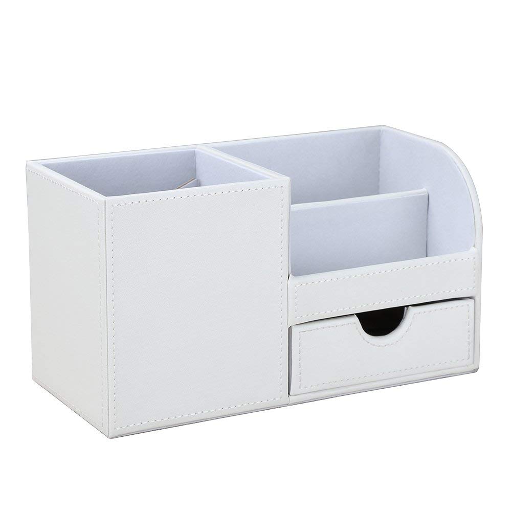 KINGFOM Organizér na psací potřeby na stůl z PU kůže s úložným prostorem na dálkové ovládání a malým zásuvkovým boxem, Stojan na pera/tužky, Držák, (Bílý)