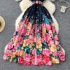 European and American retro dresses women's summer clothes new celebrity temperament waist single-breasted lapel print medium and long dress