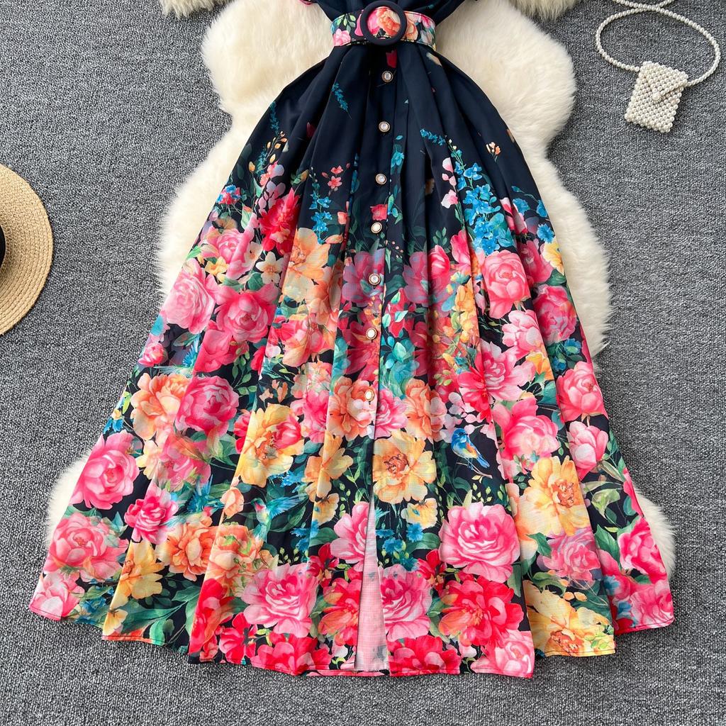 European and American retro dresses women's summer clothes new celebrity temperament waist single-breasted lapel print medium and long dress