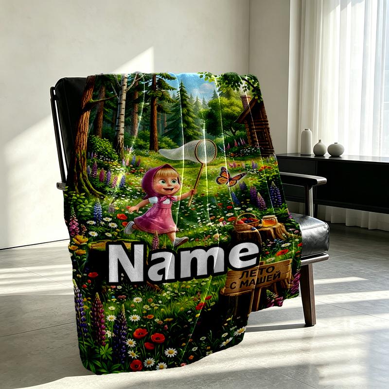 Custom Name Personalized Masha and The Bear Print Blankets, Home Decor, Bedroom, Sofa, Camping, Couch, Gifts for Birthday Christmas