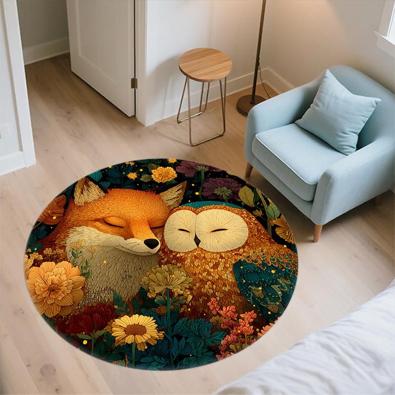 Owl and Fox,Round Area Rug,Carpet Rug for Living Room Bedroom Sofa Playroom Decor,Non-slip Floor Mat