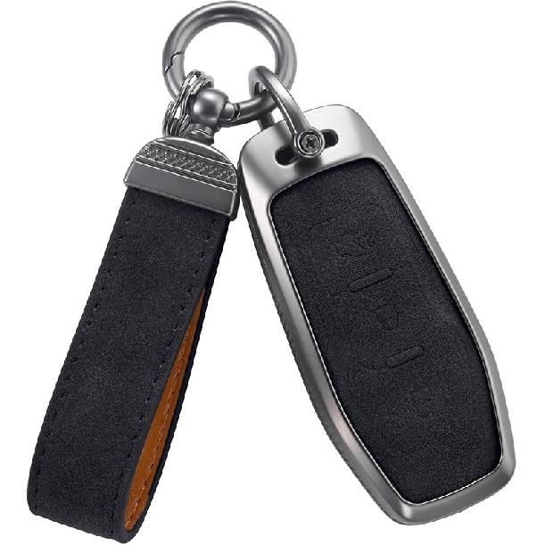 YO&YOYE Compatible With Ford Key Fob Cover With Keychain Leather Key Case Protector (Model3, Grey)