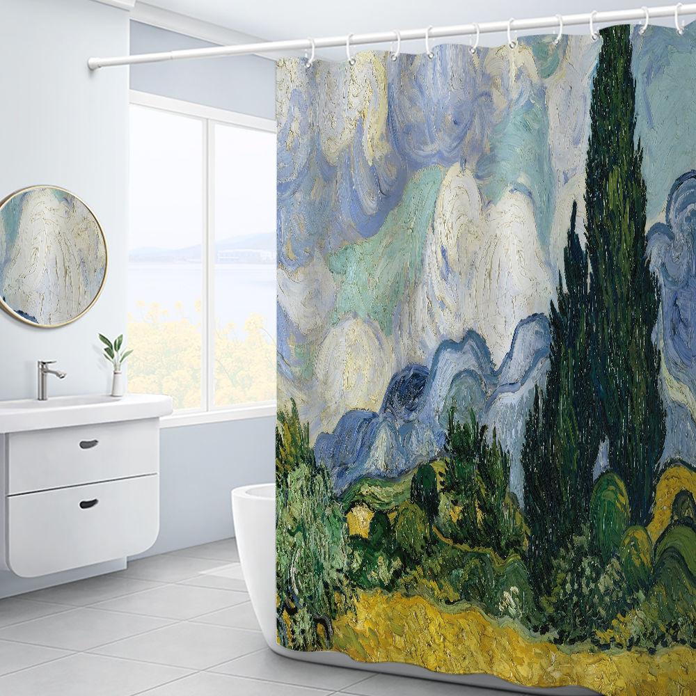 Van Gogh Starry Night Shower Curtain Oil Painting Abstract Art Blue Sky White Cloud Star Moon Scenery Bathroom Decor With Hooks