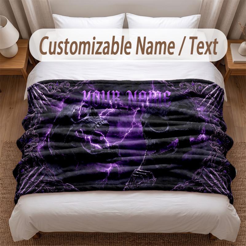 Skull Gothic Theme Soft Blanket Personalized Custom Name Text Print Warm Blanket Home Sofa Bedroom Decor
