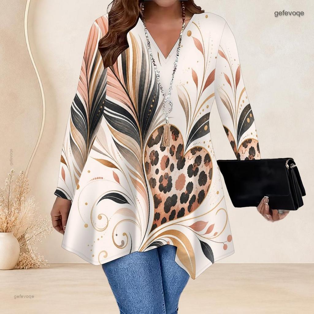 Women Plus Size V Neck Long Sleeve Printed Asymmetric Hem Flared Tunic Top