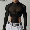 INCERUN Herren Langarm Patchwork Mesh Sheer Cutout Durchsichtige T-Shirts Tops