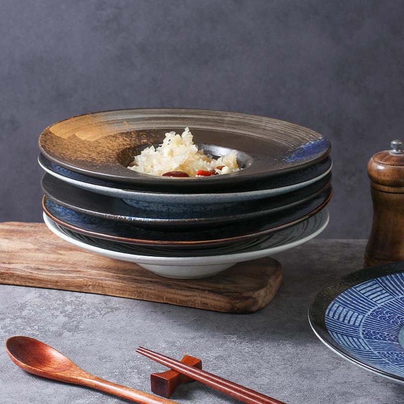 Keramisk japansk stråhatt pastatallerken suppetallerken kreativ pastasalat retro flygende tallerken rund dyp suppe