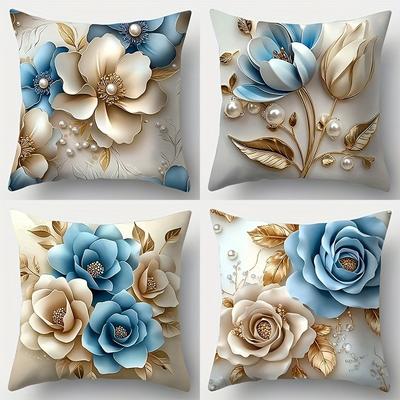 Blue and Gold Floral with Pearl - Adornment PillowcasesBedroom Living Room Sofa Home Decor Polyester Cushion Cover with Zipper