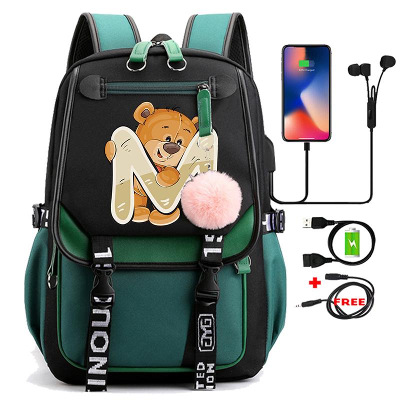 Lovely Little Bear 26 English Letters Student School Bag Backpack Outdoor Teenage Girl Cartoon Bookbag Laptop Travel Rucksack