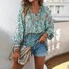 Women's V Neck Tie Front Floral Print Long Lantern Sleeve Loose Blouse Boho Casual Shirt