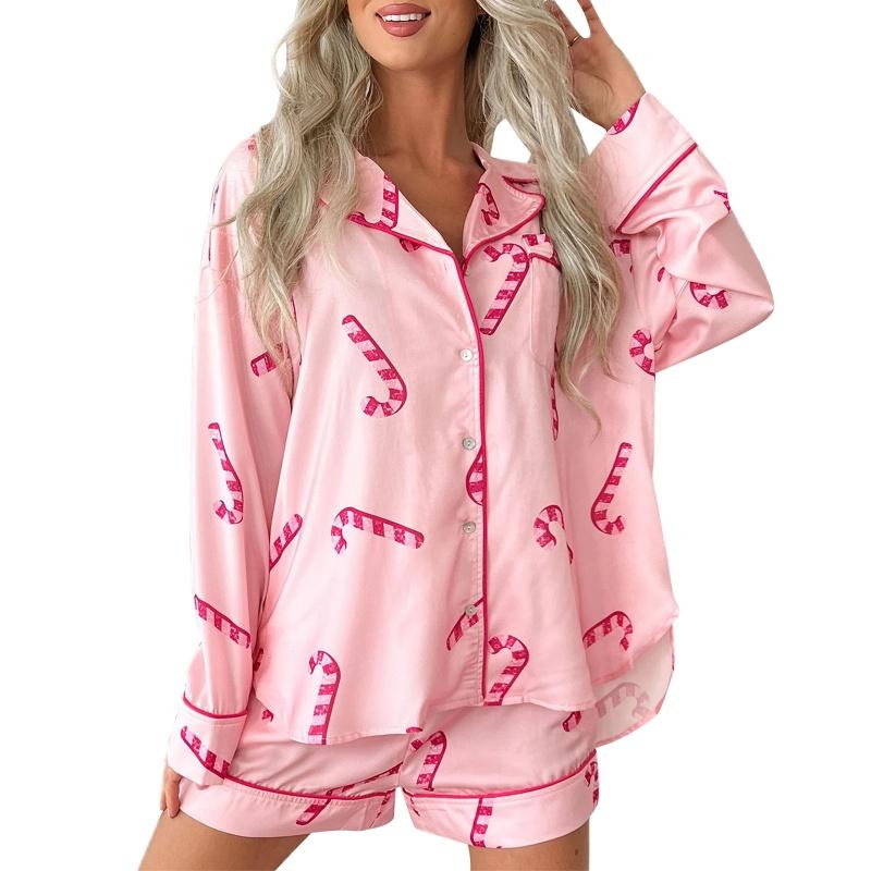 Christmas Pajamas Set Women Candy Cane Print Single Breasted Long Sleeve Shirt Top with Shorts Sleepwear Loungewear