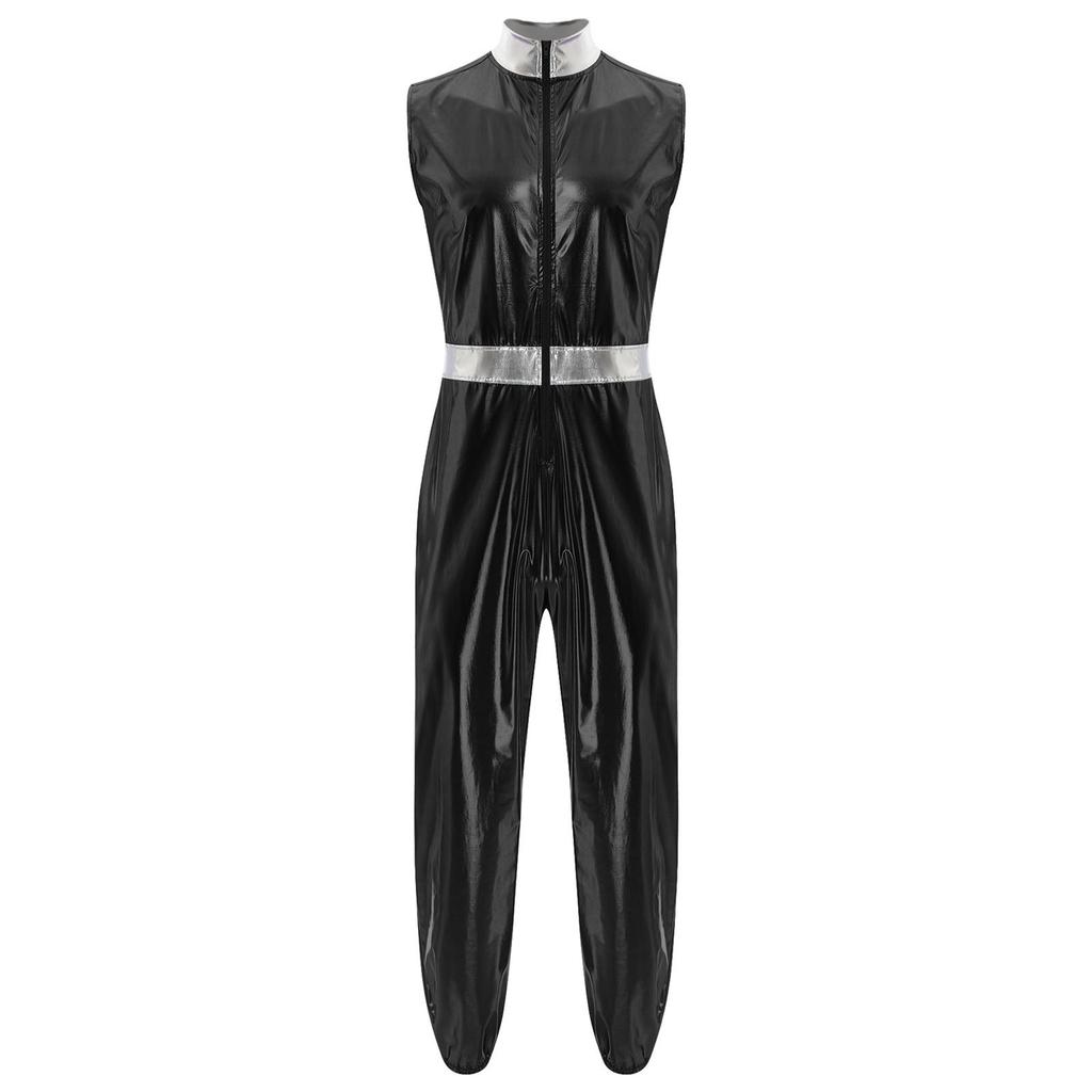 Herren glänzender metallischer ärmelloser Reißverschluss Ganzkörper-Jumpsuit Bodysuit