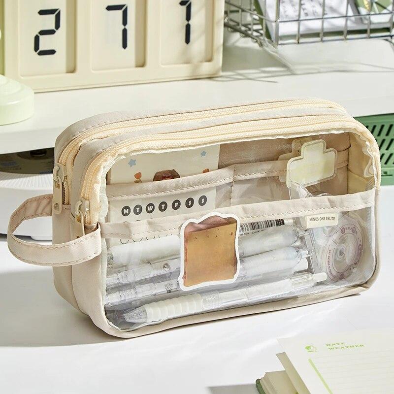 Прозрачная эстетичная сумка-карандаш большой емкости, школьные чехлы, многослойная сумка для канцелярских принадлежностей с ручкой, пенал на молнии CHINA бежевый