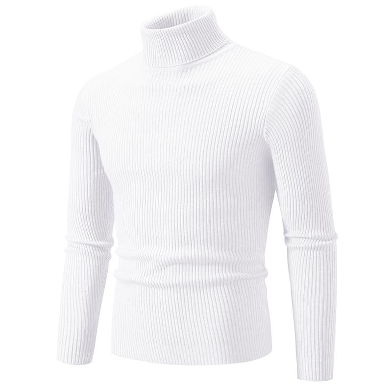 Men's High-Neck Pullover Sweater Autumn Casual Elastic Solid Color Vertical Stripe Knitted Comfortable Basic Sweaters