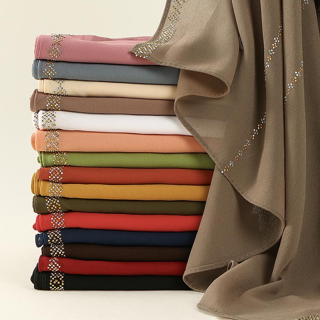 New Rhinestone Chiffon Hijab Scarf Women Muslim Hijab Shawl Plain Soft Headband Fashion Solid Color Long Muffler Islam Turban