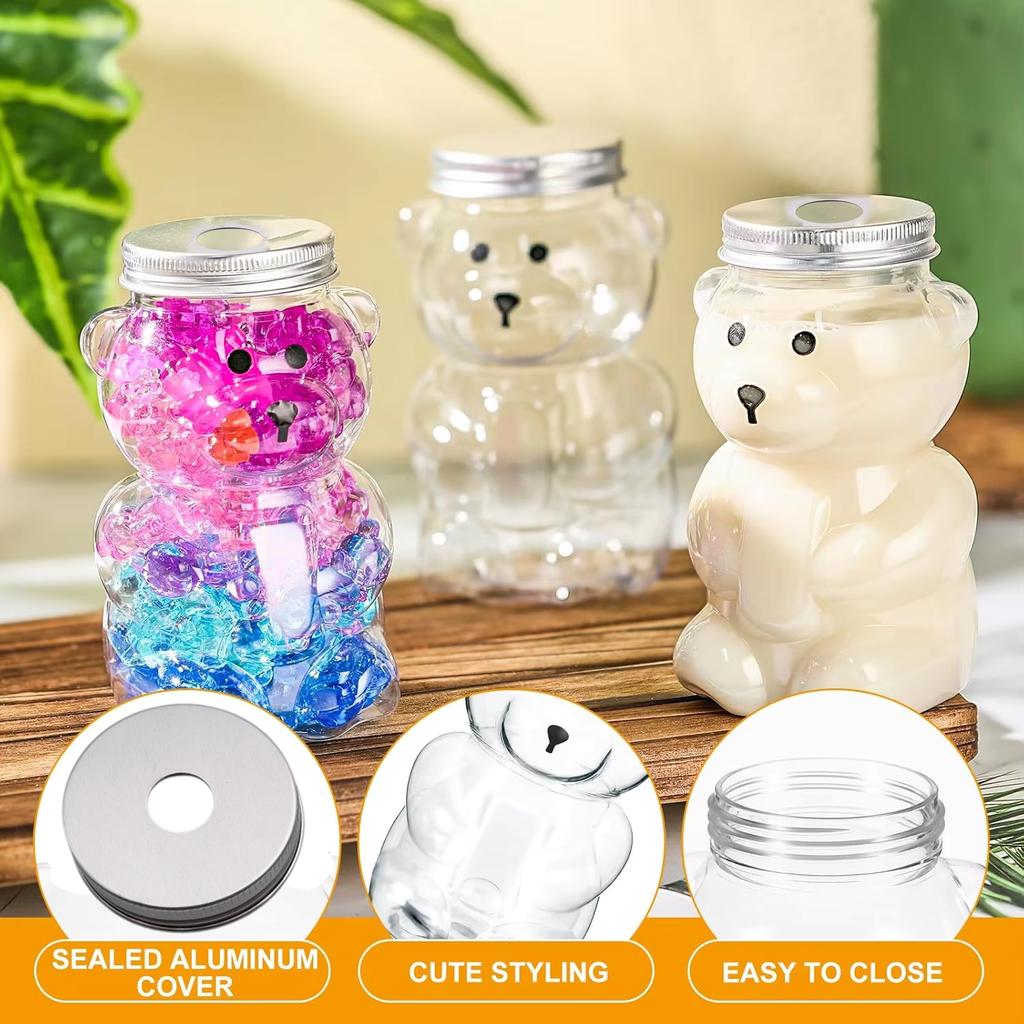 Garrafas Portáteis Transparentes de Urso de Desenho Animado de 500ml, Recipientes de Bebida Fofos Reutilizáveis para Bubble Tea, Suco, Milkshake, Suprimentos para Festa