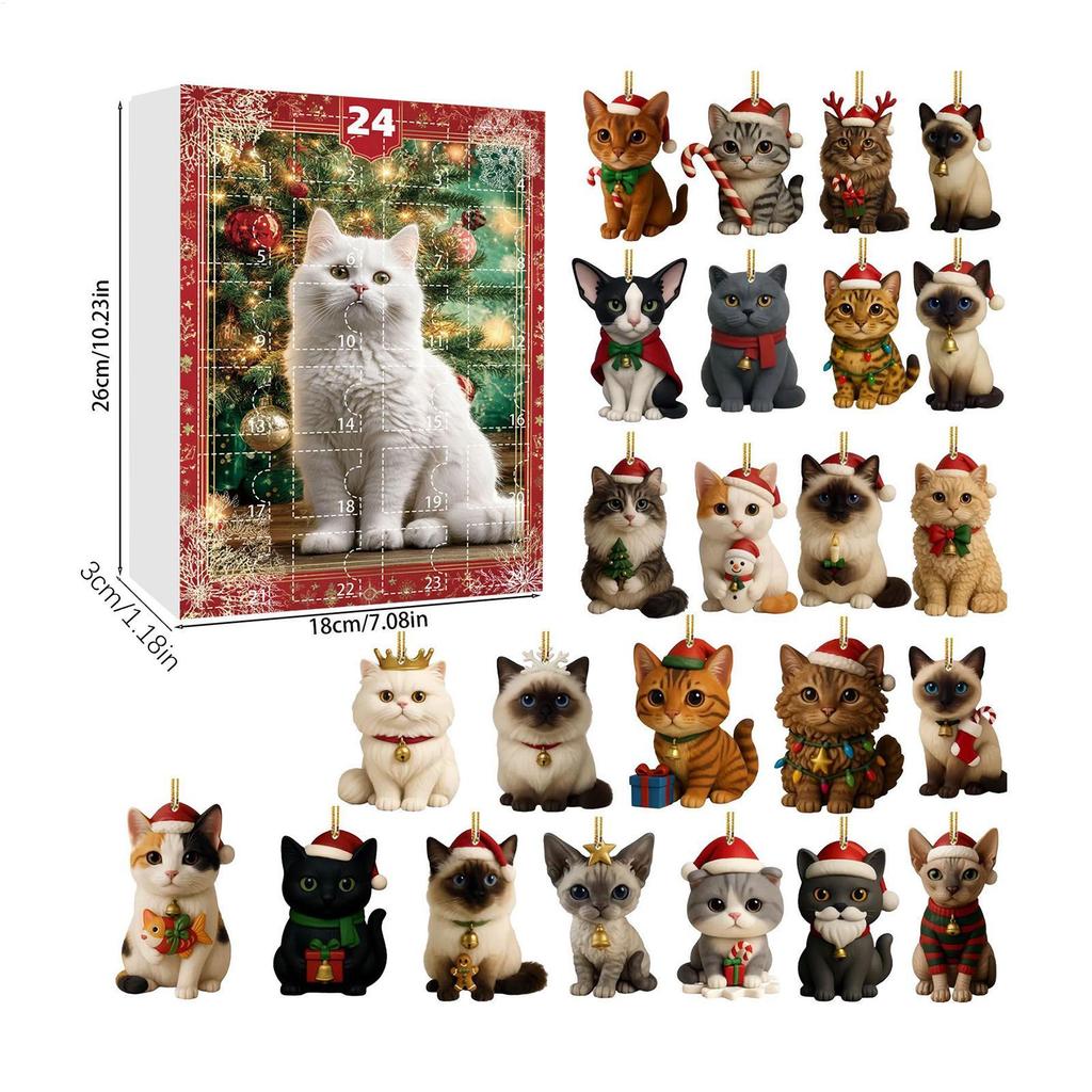 Cat Advent Calendar 24 Days Countdown 2D Acrylic Kitten Ornaments Christmas Tree Decor Holiday Home Car Charm Gift for Cat Lover