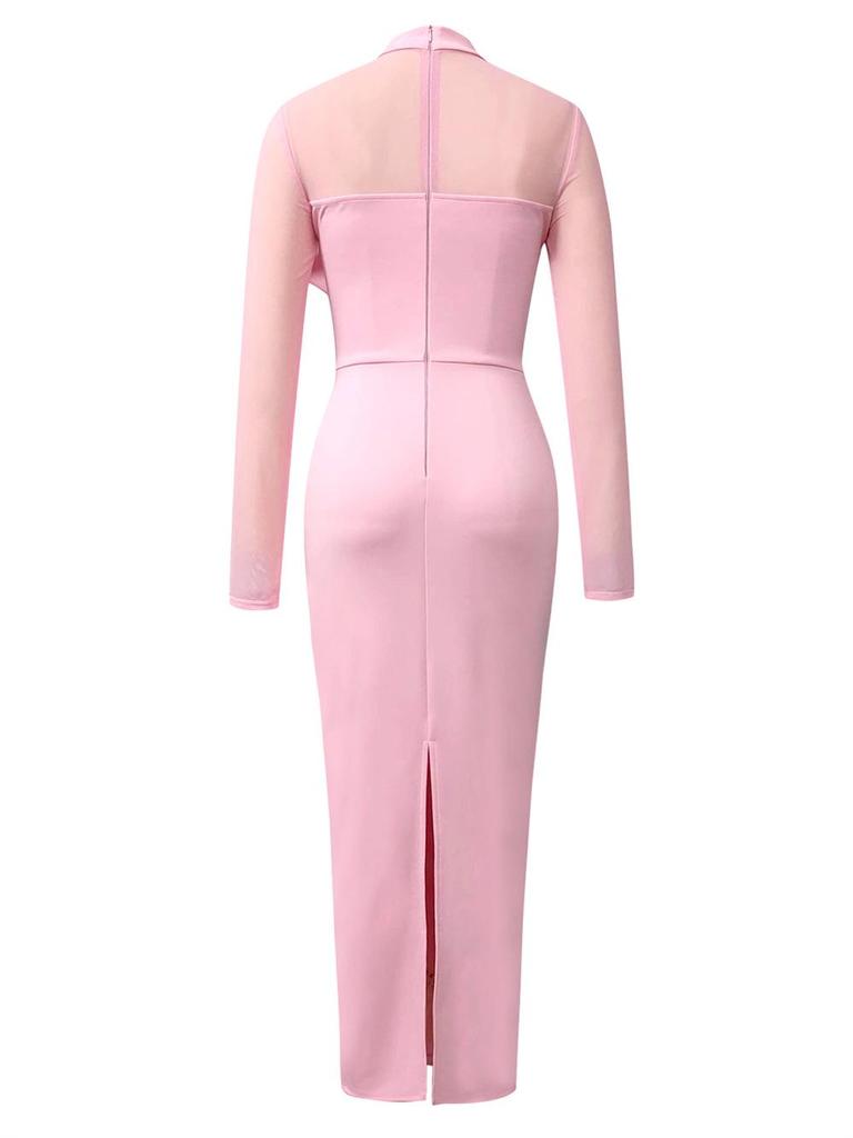 Elegant European & American Style Round Neck Mesh Long Sleeve Bodycon Dress