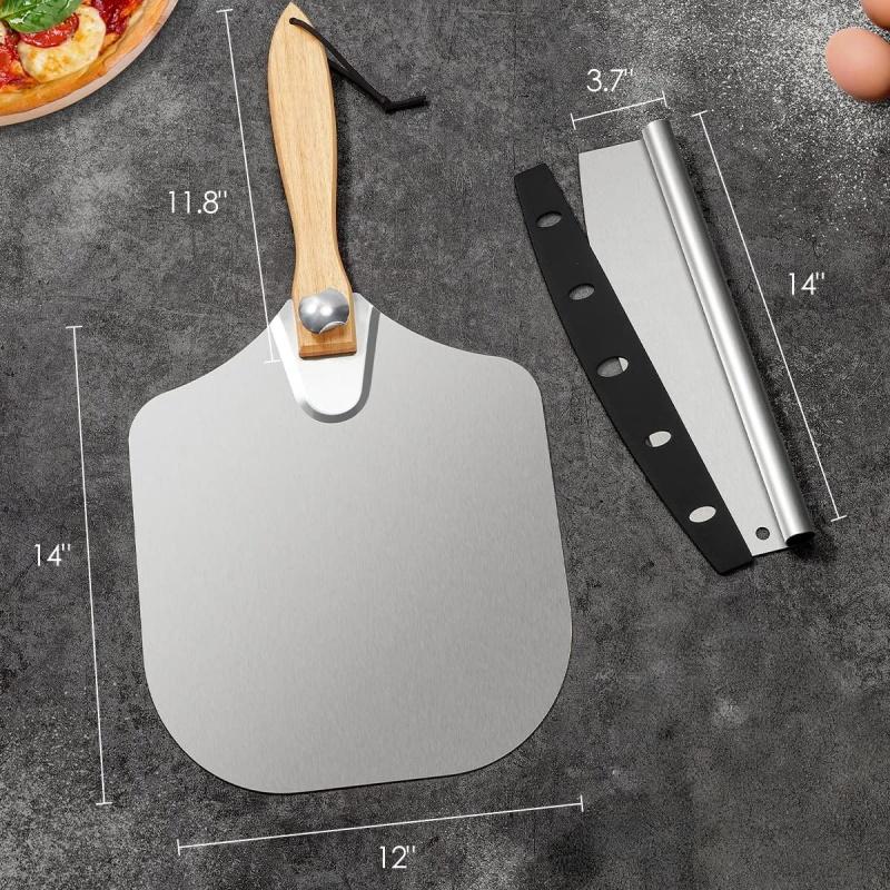 Pizza Shovel Aluminum Pizza Scraper 12inch Metal Pizza Spatula(12"x14") With a Swing Cutter and a Foldable Wooden Handle Suitable for Baking