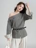 Long Sleeve Plus Size Sexy Off the Shoulder Plaid Casual Spring Autumn T Shirt Tops Women T-shirt