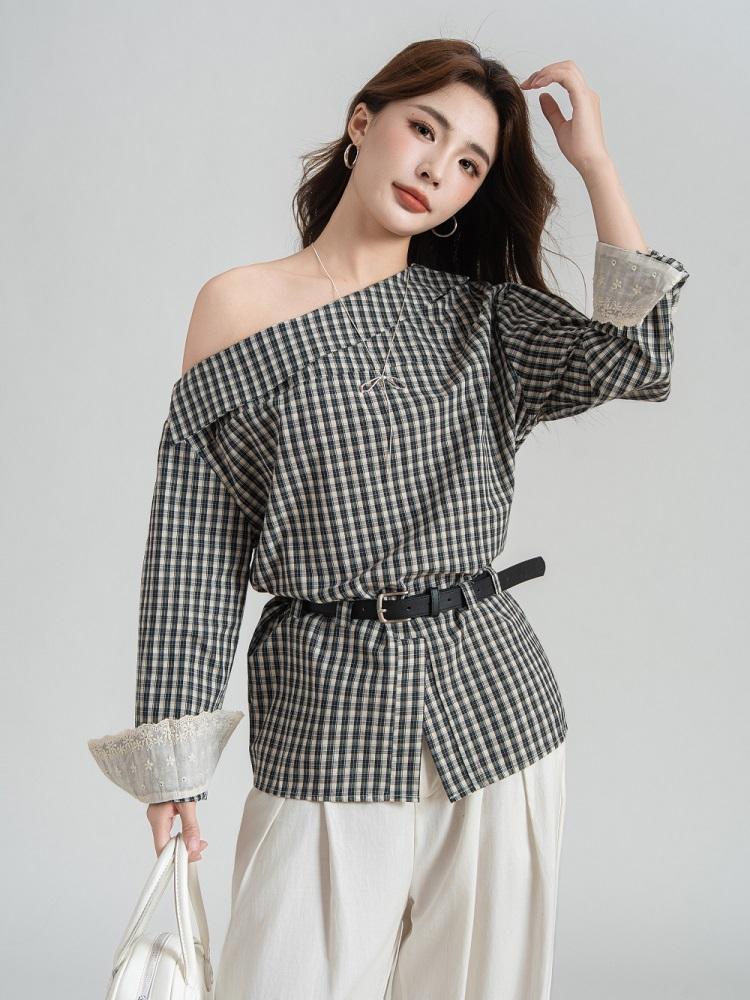 Long Sleeve Plus Size Sexy Off the Shoulder Plaid Casual Spring Autumn T Shirt Tops Women T-shirt