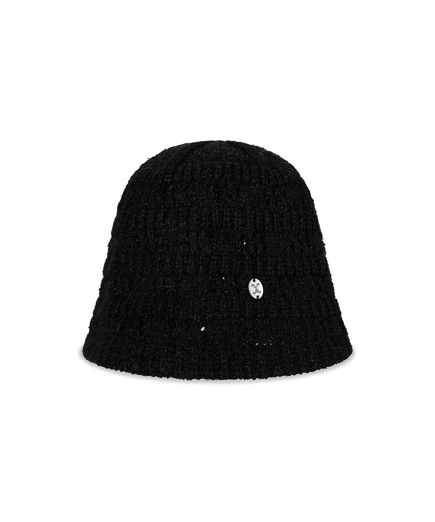 Bajal Va Curved Oval Metal Floral Punched Knit Bucket Hat Black
