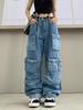 Pantaloni Cargo Jeans Albastru Spălat cu Buzunare Multiple Y2k Retro Streetwear Modă Jeans cu Talie Înaltă Cuplu Harajuku Casual Pantaloni cu Picior Larg