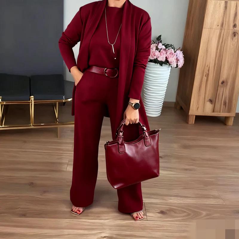 2025 Women's Solid Color Round Neck Long Sleeve Top and Belted Pants 3-Piece Set