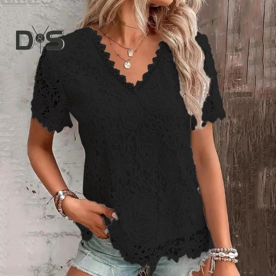 Tricou de vară pentru femei, gât în V, mânecă scurtă, casual, broderie ajurată, dantelă, pulover, topuri streetwear