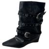 2025 New French White Short Boots Fashionable Pointed Head Wide Tube Thin Belt Buckle Rivet Wedge Heel Medium Tube Pants Tube Boots