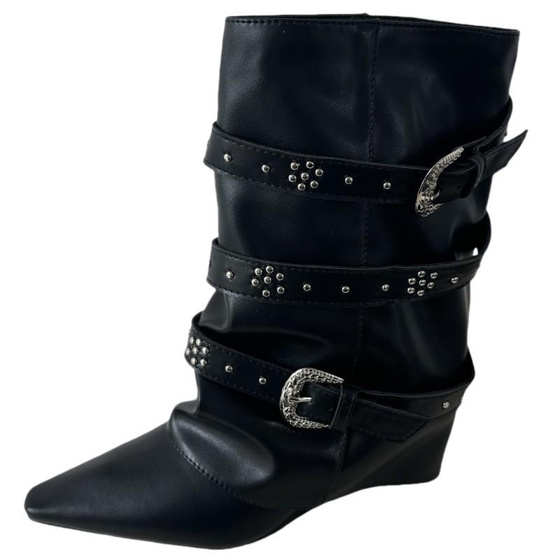 2025 New French White Short Boots Fashionable Pointed Head Wide Tube Thin Belt Buckle Rivet Wedge Heel Medium Tube Pants Tube Boots