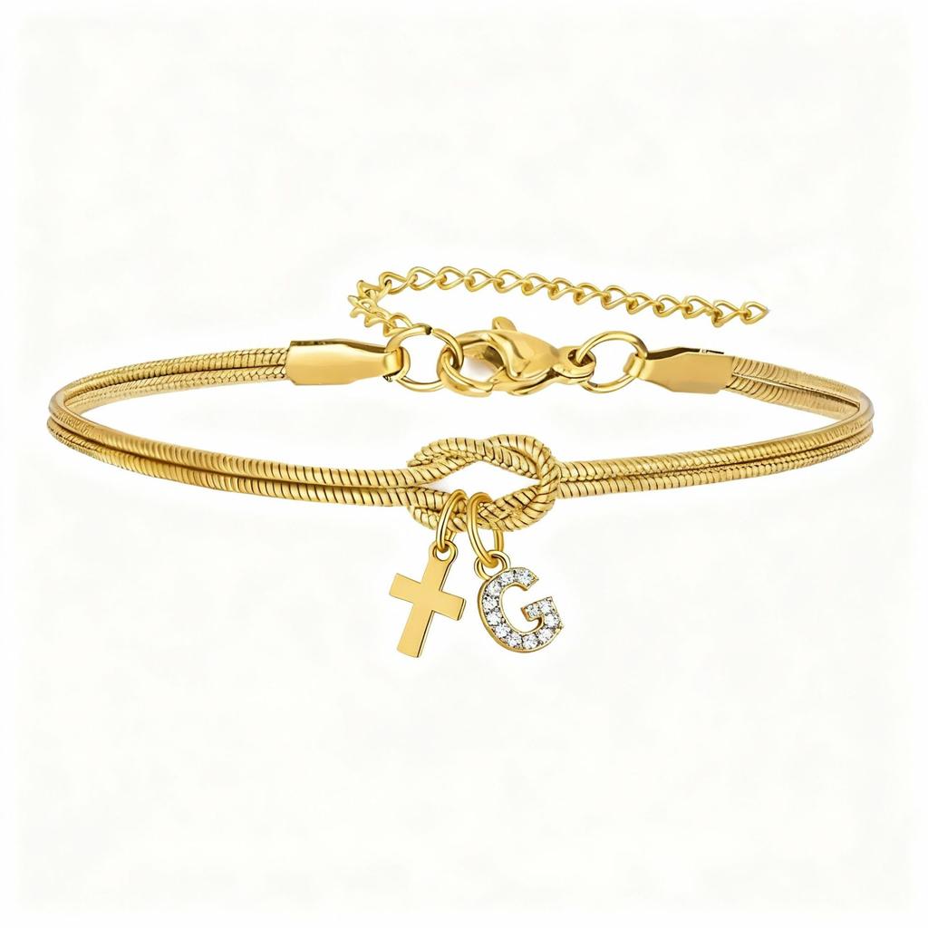 Double Knot Round Snake Bone Bracelet with Diamond 26 Letters Cross Pendant Charm Jewelry