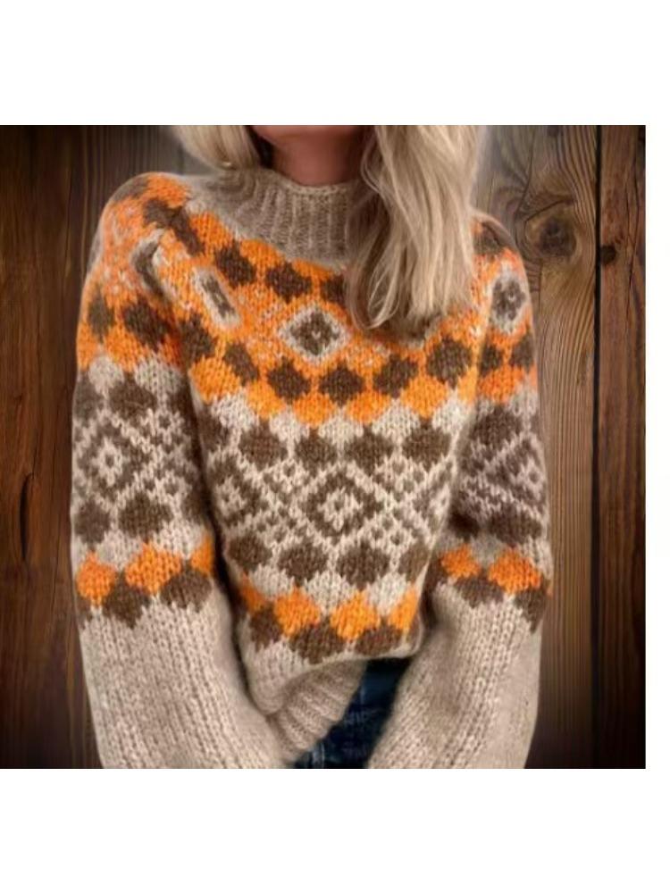 Beiger Rollkragenpullover mit Streifen und buntem Muster