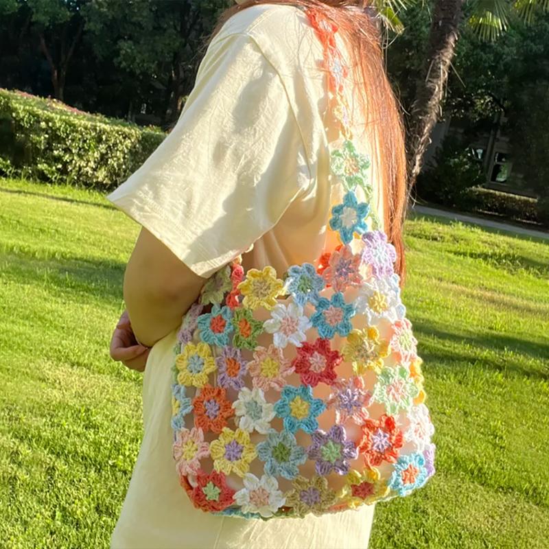 Handmade Crochet Shoulder Bag For Women Colorful Flower Patchwork Hollow Out Knitted Tote Bag Boho Style Casual Travel Handbag