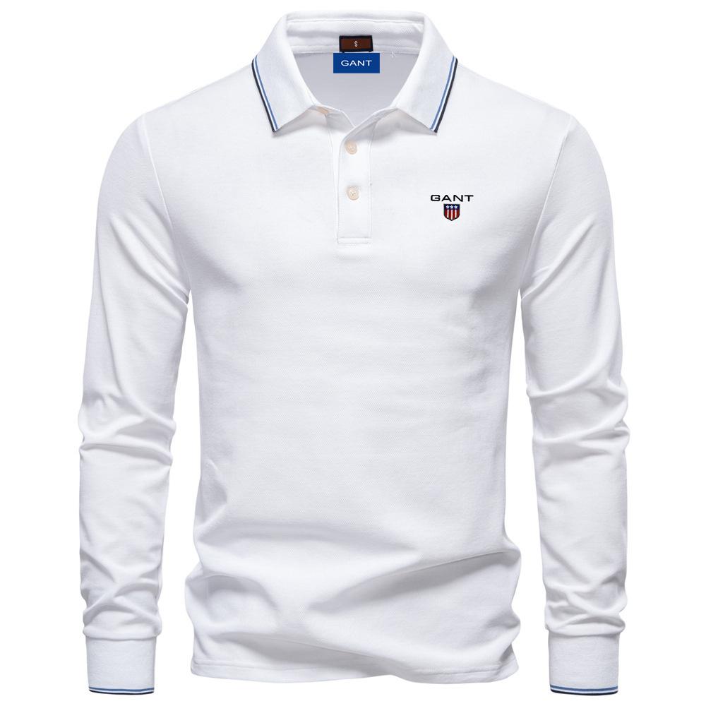 Gant Polo à manches longues pour homme, broderie automne 2025, haut pour homme de couleur unie avec revers, polo polyvalent pour homme